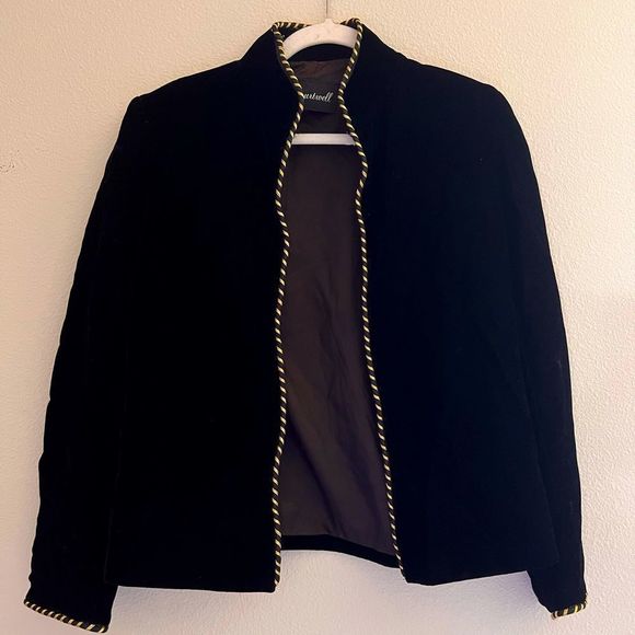 Vintage Courtwell Velvet Open Front Twisted Gold Rope Trimmed Blazer Size M - Picture 1 of 10